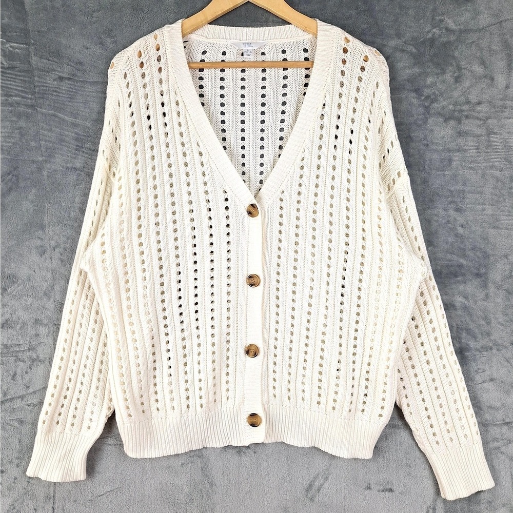 Womens Cardigan Large Pointelle Boyfriend Boho Cottagecore Sweater Beach Coastal